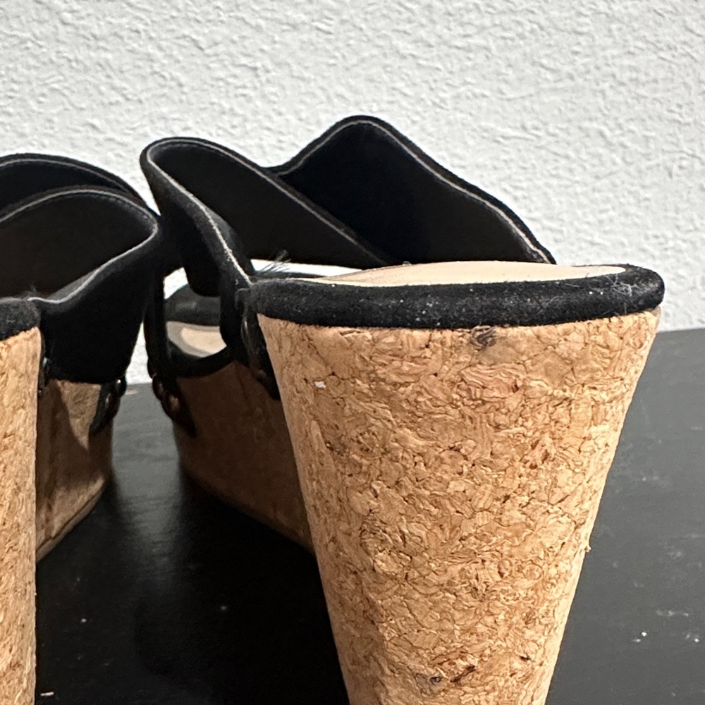 Shoe Dazzle Black Cork Wedge Slide Sandals with Stud Accents - Picture 5 of 8